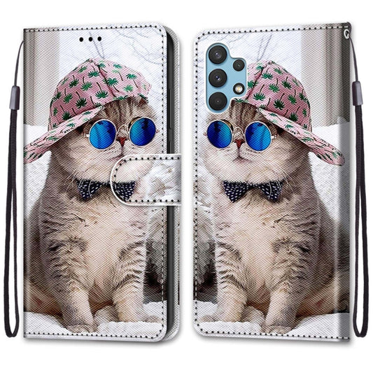 For Samsung Galaxy A32 4G / A32 Lite Coloured Drawing Cross Texture Horizontal Flip PU Leather Case with Holder & Card Slots & Wallet & Lanyard(Slant Hat Blue Mirror Cat) by buy2fix