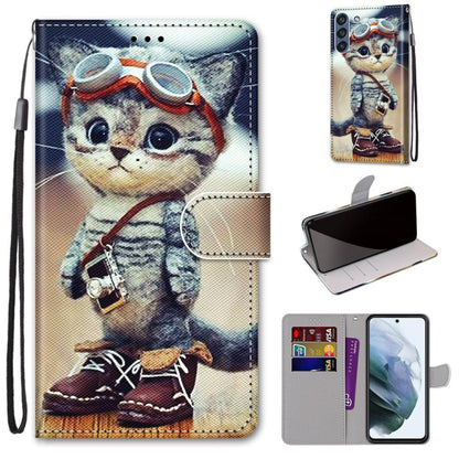 For Samsung Galaxy S21 FE Coloured Drawing Cross Texture Horizontal Flip PU Leather Case with Holder & Card Slots & Wallet & Lanyard(Leather Shoes Cat) by buy2fix
