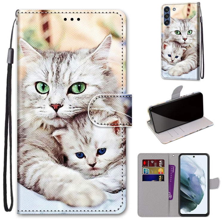 For Samsung Galaxy S21 FE Coloured Drawing Cross Texture Horizontal Flip PU Leather Case with Holder & Card Slots & Wallet & Lanyard(Big Cat Holding Kitten) by buy2fix