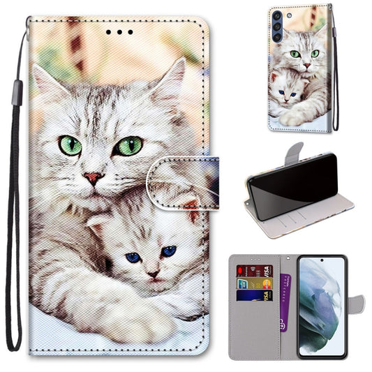 For Samsung Galaxy S21 FE Coloured Drawing Cross Texture Horizontal Flip PU Leather Case with Holder & Card Slots & Wallet & Lanyard(Big Cat Holding Kitten) by buy2fix