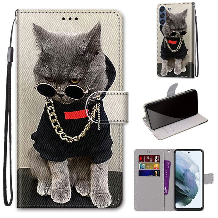 For Samsung Galaxy S21 FE Coloured Drawing Cross Texture Horizontal Flip PU Leather Case with Holder & Card Slots & Wallet & Lanyard(Golden Chain Grey Cat) by buy2fix
