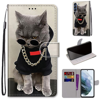 For Samsung Galaxy S21 FE Coloured Drawing Cross Texture Horizontal Flip PU Leather Case with Holder & Card Slots & Wallet & Lanyard(Golden Chain Grey Cat) by buy2fix