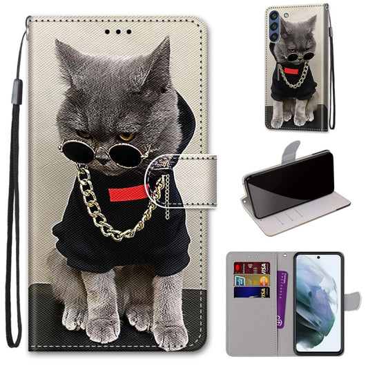 For Samsung Galaxy S21 FE Coloured Drawing Cross Texture Horizontal Flip PU Leather Case with Holder & Card Slots & Wallet & Lanyard(Golden Chain Grey Cat) by buy2fix