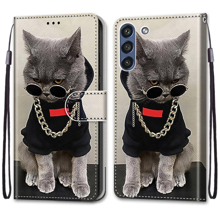For Samsung Galaxy S21 FE Coloured Drawing Cross Texture Horizontal Flip PU Leather Case with Holder & Card Slots & Wallet & Lanyard(Golden Chain Grey Cat) by buy2fix