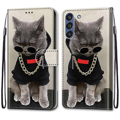 For Samsung Galaxy S21 FE Coloured Drawing Cross Texture Horizontal Flip PU Leather Case with Holder & Card Slots & Wallet & Lanyard(Golden Chain Grey Cat) by buy2fix