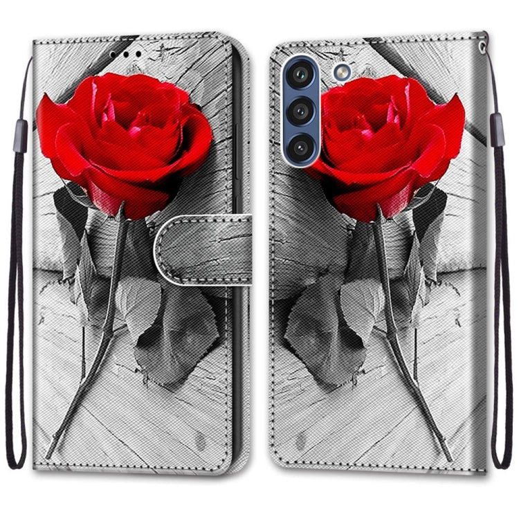 For Samsung Galaxy S21 FE Coloured Drawing Cross Texture Horizontal Flip PU Leather Case with Holder & Card Slots & Wallet & Lanyard(Wood Red Rose) by buy2fix