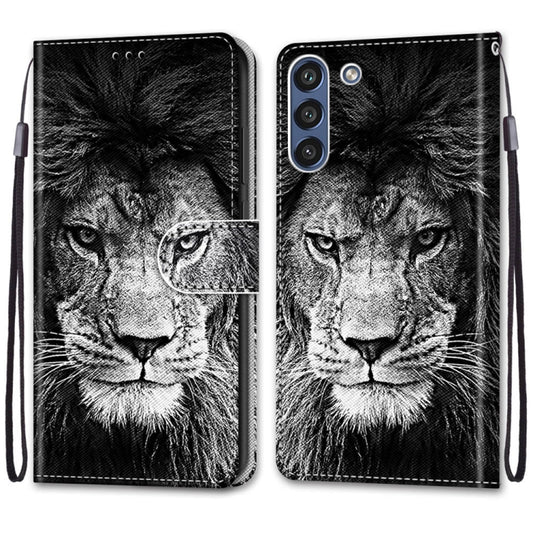 For Samsung Galaxy S21 FE Coloured Drawing Cross Texture Horizontal Flip PU Leather Case with Holder & Card Slots & Wallet & Lanyard(Black White Lion Head) by buy2fix