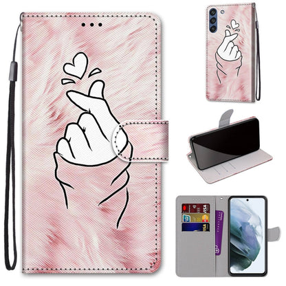For Samsung Galaxy S21 FE Coloured Drawing Cross Texture Horizontal Flip PU Leather Case with Holder & Card Slots & Wallet & Lanyard(Pink Hands Heart) by buy2fix