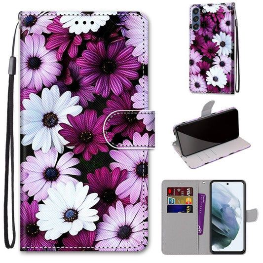 For Samsung Galaxy S21 FE Coloured Drawing Cross Texture Horizontal Flip PU Leather Case with Holder & Card Slots & Wallet & Lanyard(Chrysanthemum Pink White Purple) by buy2fix