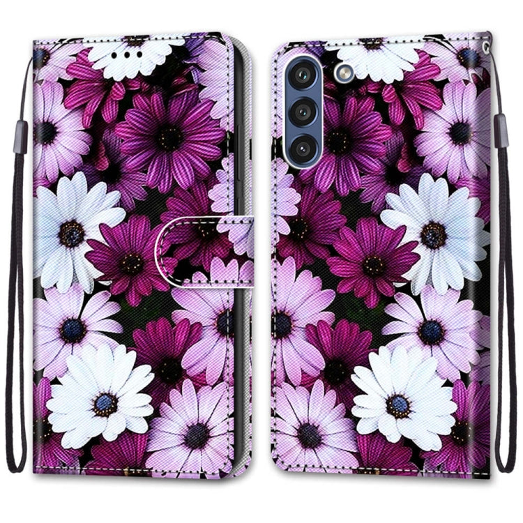 For Samsung Galaxy S21 FE Coloured Drawing Cross Texture Horizontal Flip PU Leather Case with Holder & Card Slots & Wallet & Lanyard(Chrysanthemum Pink White Purple) by buy2fix