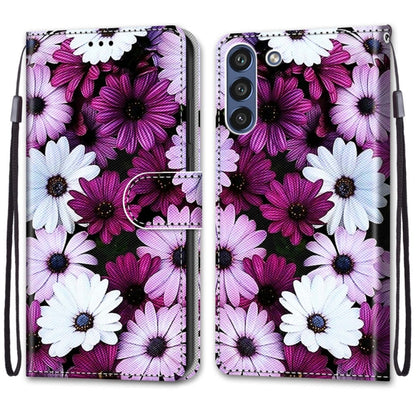 For Samsung Galaxy S21 FE Coloured Drawing Cross Texture Horizontal Flip PU Leather Case with Holder & Card Slots & Wallet & Lanyard(Chrysanthemum Pink White Purple) by buy2fix