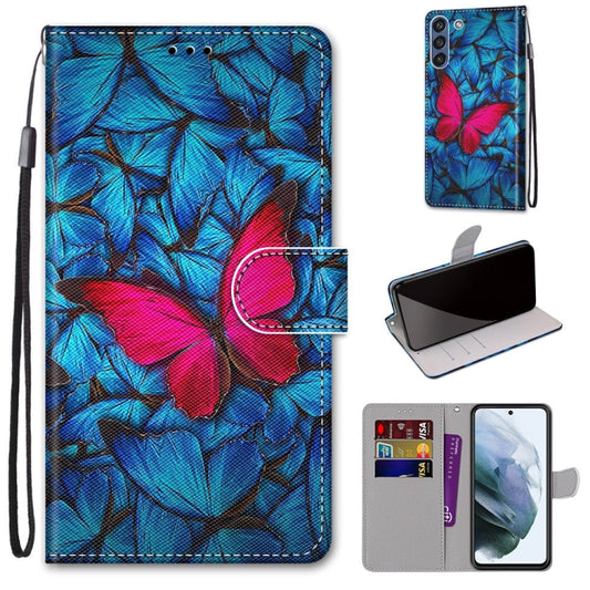 For Samsung Galaxy S21 FE Coloured Drawing Cross Texture Horizontal Flip PU Leather Case with Holder & Card Slots & Wallet & Lanyard(Blue Red Butterfly) by buy2fix