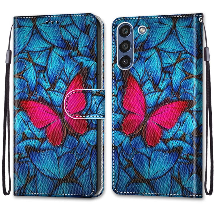 For Samsung Galaxy S21 FE Coloured Drawing Cross Texture Horizontal Flip PU Leather Case with Holder & Card Slots & Wallet & Lanyard(Blue Red Butterfly) by buy2fix