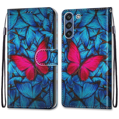 For Samsung Galaxy S21 FE Coloured Drawing Cross Texture Horizontal Flip PU Leather Case with Holder & Card Slots & Wallet & Lanyard(Blue Red Butterfly) by buy2fix