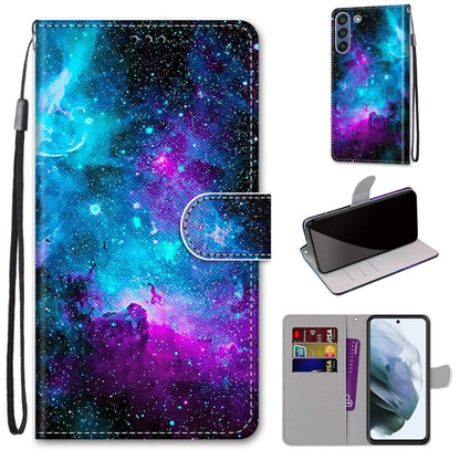 For Samsung Galaxy S21 FE Coloured Drawing Cross Texture Horizontal Flip PU Leather Case with Holder & Card Slots & Wallet & Lanyard(Purple Green Starry Sky) by buy2fix