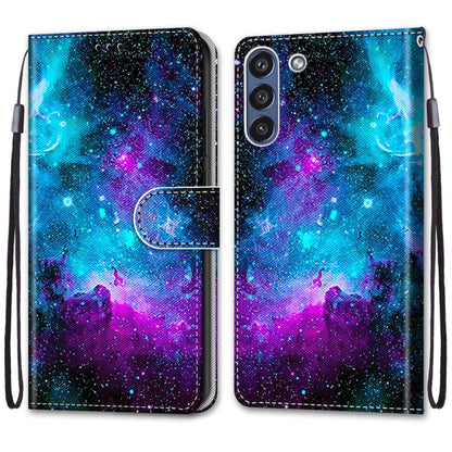 For Samsung Galaxy S21 FE Coloured Drawing Cross Texture Horizontal Flip PU Leather Case with Holder & Card Slots & Wallet & Lanyard(Purple Green Starry Sky) by buy2fix
