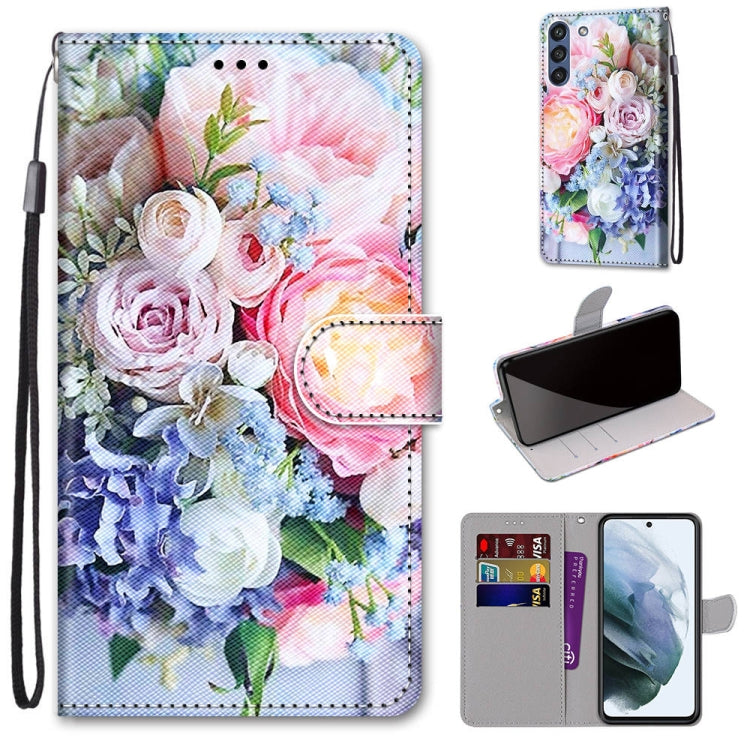 For Samsung Galaxy S21 FE Coloured Drawing Cross Texture Horizontal Flip PU Leather Case with Holder & Card Slots & Wallet & Lanyard(Light Pink Bouquet) by buy2fix