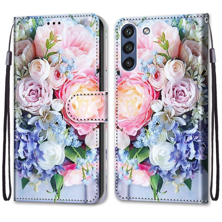 For Samsung Galaxy S21 FE Coloured Drawing Cross Texture Horizontal Flip PU Leather Case with Holder & Card Slots & Wallet & Lanyard(Light Pink Bouquet) by buy2fix