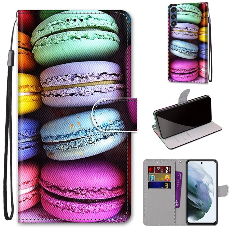For Samsung Galaxy S21 FE Coloured Drawing Cross Texture Horizontal Flip PU Leather Case with Holder & Card Slots & Wallet & Lanyard(Colorful Cakes) by buy2fix