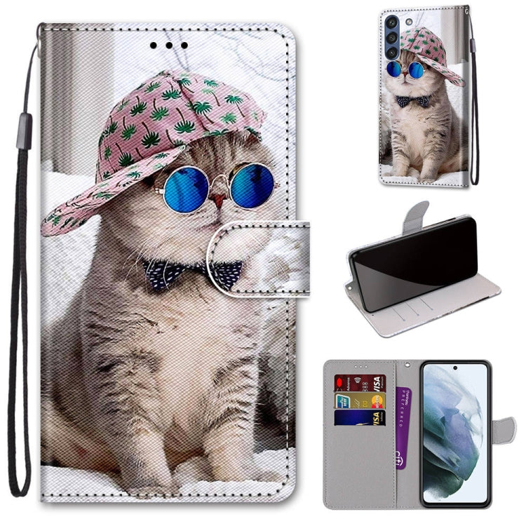 For Samsung Galaxy S21 FE Coloured Drawing Cross Texture Horizontal Flip PU Leather Case with Holder & Card Slots & Wallet & Lanyard(Slant Hat Blue Mirror Cat) by buy2fix