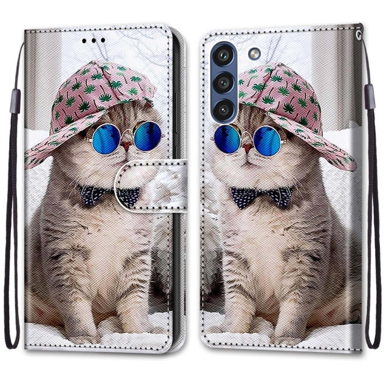 For Samsung Galaxy S21 FE Coloured Drawing Cross Texture Horizontal Flip PU Leather Case with Holder & Card Slots & Wallet & Lanyard(Slant Hat Blue Mirror Cat) by buy2fix