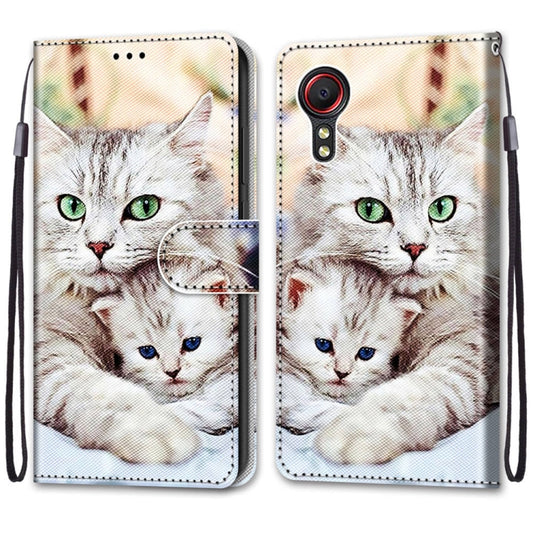 For Samsung Galaxy Xcover 5 Coloured Drawing Cross Texture Horizontal Flip PU Leather Case with Holder & Card Slots & Wallet & Lanyard(Big Cat Holding Kitten) by buy2fix