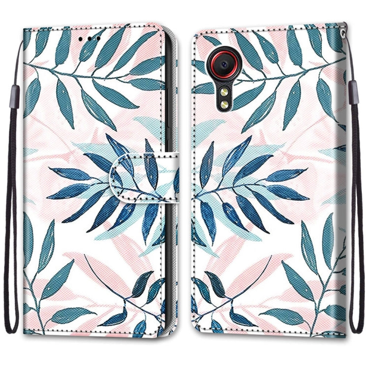 For Samsung Galaxy Xcover 5 Coloured Drawing Cross Texture Horizontal Flip PU Leather Case with Holder & Card Slots & Wallet & Lanyard(Pink Green Leaf) by buy2fix