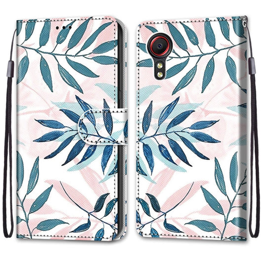 For Samsung Galaxy Xcover 5 Coloured Drawing Cross Texture Horizontal Flip PU Leather Case with Holder & Card Slots & Wallet & Lanyard(Pink Green Leaf) by buy2fix