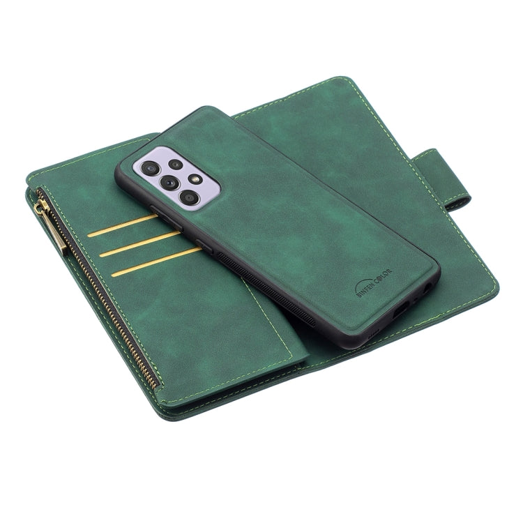 For Samsung Galaxy A52 5G / 4G Skin Feel Detachable Magnetic Zipper Horizontal Flip PU Leather Case with Multi-Card Slots & Holder & Wallet & Photo Frame & Lanyard(Green) by buy2fix