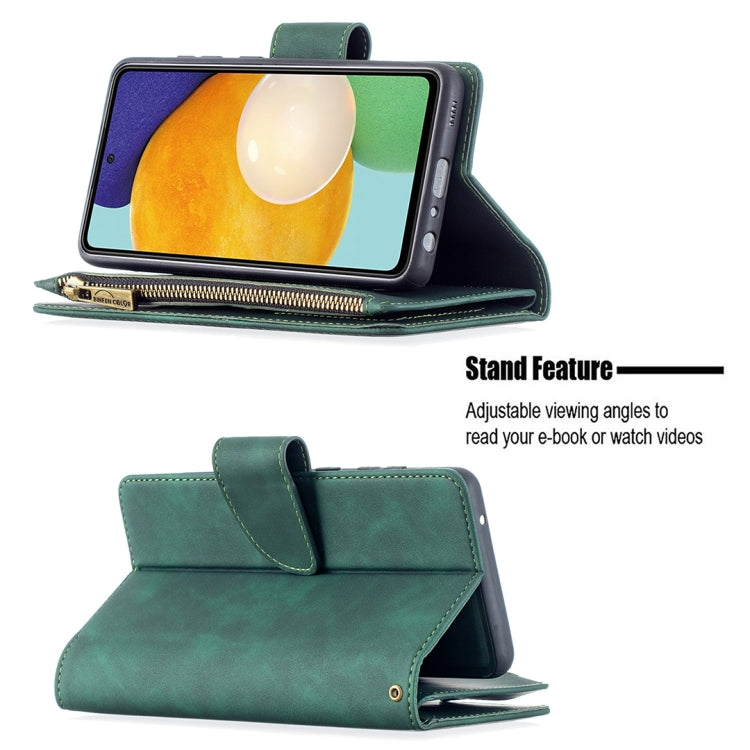 For Samsung Galaxy A52 5G / 4G Skin Feel Detachable Magnetic Zipper Horizontal Flip PU Leather Case with Multi-Card Slots & Holder & Wallet & Photo Frame & Lanyard(Green) by buy2fix