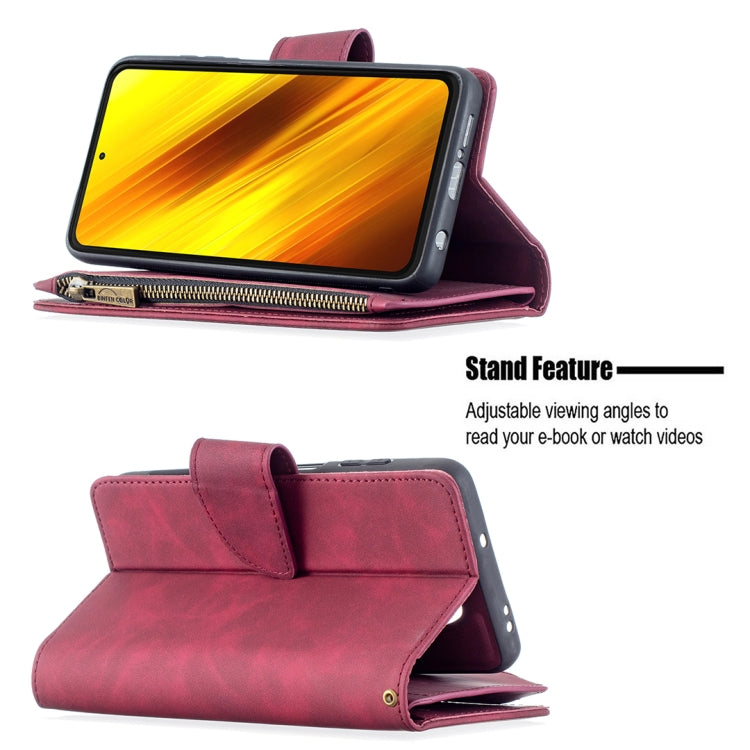 For Xiaomi Poco X3 Skin Feel Detachable Magnetic Zipper Horizontal Flip PU Leather Case with Multi-Card Slots & Holder & Wallet & Photo Frame & Lanyard(Red) by buy2fix