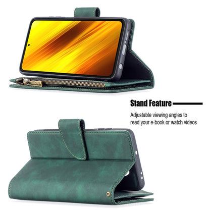 For Xiaomi Poco X3 Skin Feel Detachable Magnetic Zipper Horizontal Flip PU Leather Case with Multi-Card Slots & Holder & Wallet & Photo Frame & Lanyard(Green) by buy2fix
