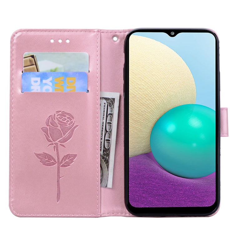 For Samsung Galaxy A02 (EU Version) Rose Embossed Horizontal Flip PU Leather Case with Holder & Card Slots & Wallet(Rose Gold) by buy2fix