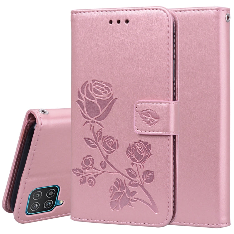 For Samsung Galaxy A12 Rose Embossed Horizontal Flip PU Leather Case with Holder & Card Slots & Wallet(Rose Gold) by buy2fix