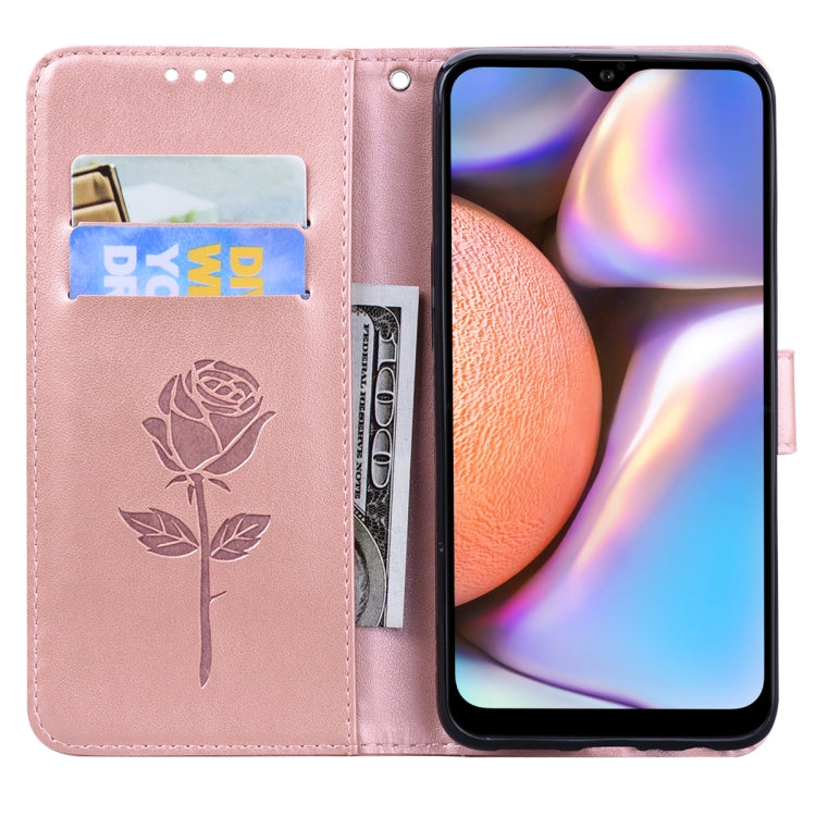 For Samsung Galaxy A12 Rose Embossed Horizontal Flip PU Leather Case with Holder & Card Slots & Wallet(Rose Gold) by buy2fix