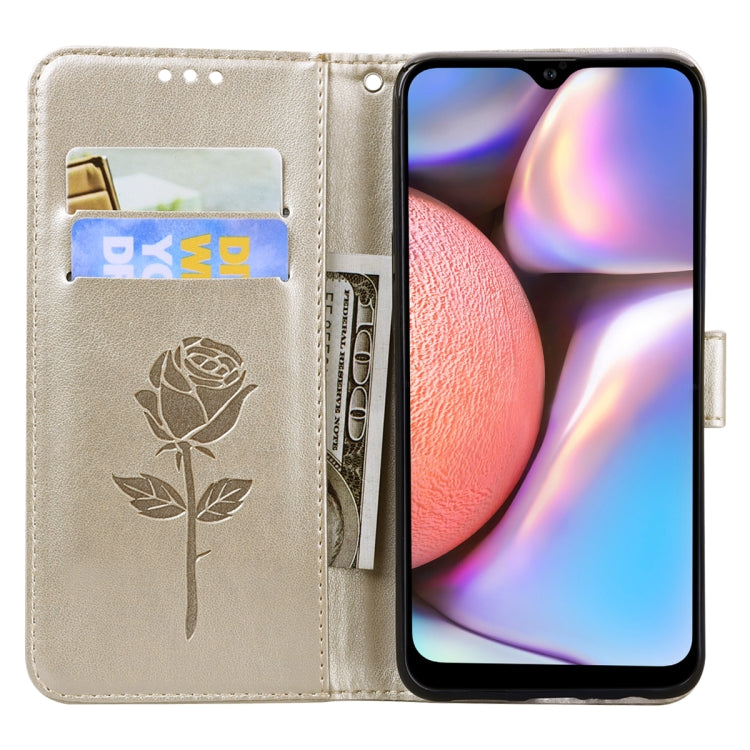For Samsung Galaxy A12 Rose Embossed Horizontal Flip PU Leather Case with Holder & Card Slots & Wallet(Gold) by buy2fix