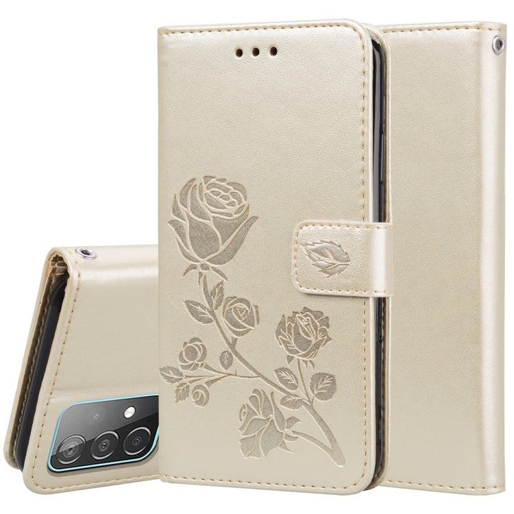 For Samsung Galaxy A52 5G / 4G Rose Embossed Horizontal Flip PU Leather Case with Holder & Card Slots & Wallet(Gold) by buy2fix