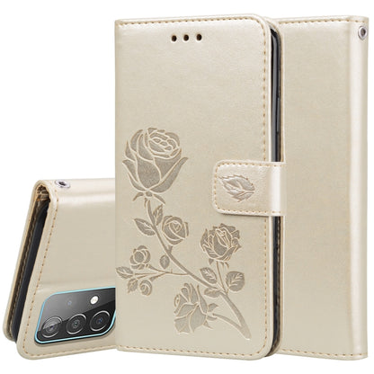 For Samsung Galaxy A52 5G / 4G Rose Embossed Horizontal Flip PU Leather Case with Holder & Card Slots & Wallet(Gold) by buy2fix
