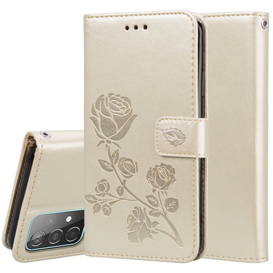For Samsung Galaxy A52 5G / 4G Rose Embossed Horizontal Flip PU Leather Case with Holder & Card Slots & Wallet(Gold) by buy2fix