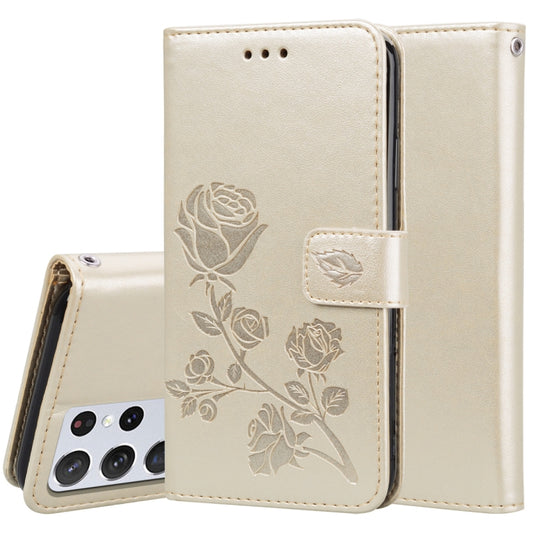 For Samsung Galaxy S21 Ultra 5G Rose Embossed Horizontal Flip PU Leather Case with Holder & Card Slots & Wallet(Gold) - Galaxy S21 Ultra 5G Cases by buy2fix | Online Shopping UK | buy2fix