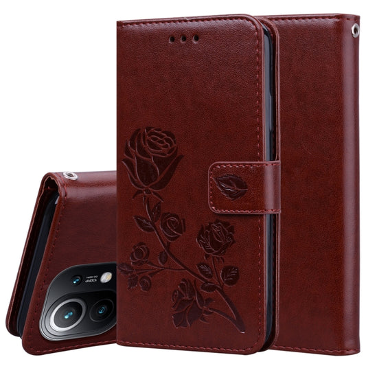 For Xiaomi Mi 11 Lite Rose Embossed Horizontal Flip PU Leather Case with Holder & Card Slots & Wallet(Brown) - Xiaomi Cases by buy2fix | Online Shopping UK | buy2fix