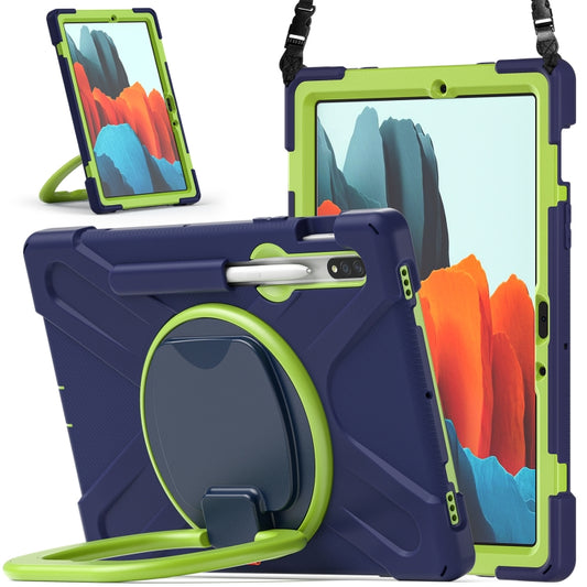 For Samsung Galaxy Tab S8 / Galaxy Tab S7 T870 / T875 Silicone + PC Protective Case with Holder & Shoulder Strap(Navy Blue + Yellow Green) - Galaxy Tab S8 Cases by buy2fix | Online Shopping UK | buy2fix