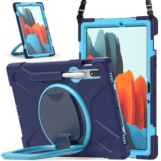 For Samsung Galaxy Tab S8 / Galaxy Tab S7 T870 / T875 Silicone + PC Protective Case with Holder & Shoulder Strap(Navy Blue + Blue) - Galaxy Tab S8 Cases by buy2fix | Online Shopping UK | buy2fix