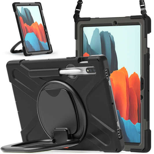 For Samsung Galaxy Tab S8 / Galaxy Tab S7 T870 / T875 Silicone + PC Protective Case with Holder & Shoulder Strap(Black+Black) - Galaxy Tab S8 Cases by buy2fix | Online Shopping UK | buy2fix