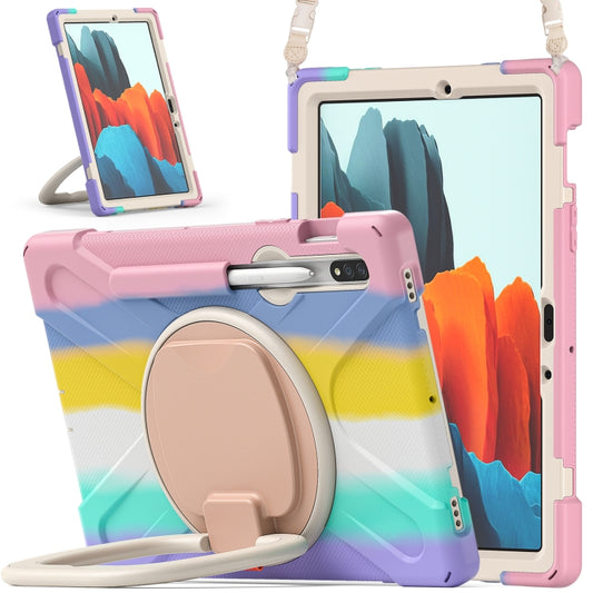 For Samsung Galaxy Tab S8 / Galaxy Tab S7 T870 / T875 Silicone + PC Protective Case with Holder & Shoulder Strap(Colorful Pink) - Galaxy Tab S8 Cases by buy2fix | Online Shopping UK | buy2fix