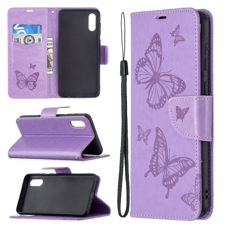 For Samsung Galaxy A02 Embossing Two Butterflies Pattern Horizontal Flip PU Leather Case with Holder & Card Slot & Wallet & Lanyard(Purple) by buy2fix