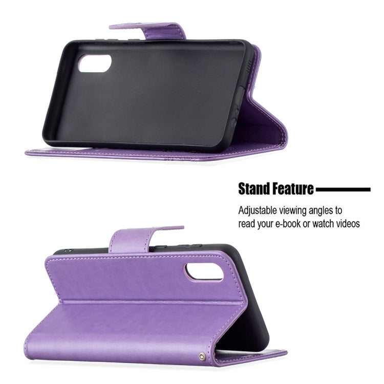 For Samsung Galaxy A02 Embossing Two Butterflies Pattern Horizontal Flip PU Leather Case with Holder & Card Slot & Wallet & Lanyard(Purple) by buy2fix