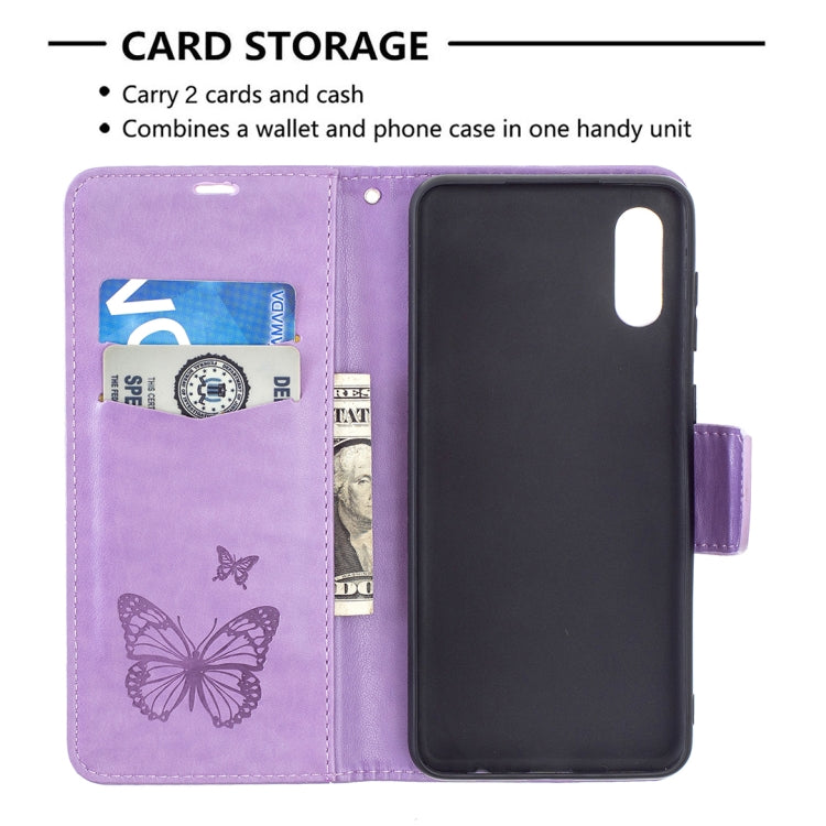 For Samsung Galaxy A02 Embossing Two Butterflies Pattern Horizontal Flip PU Leather Case with Holder & Card Slot & Wallet & Lanyard(Purple) by buy2fix