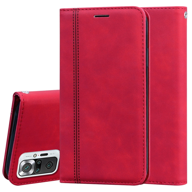 For Xiaomi Redmi Note 10 Pro Frosted Business Magnetic Horizontal Flip PU Leather Case with Holder & Card Slot & Lanyard(Red) by buy2fix