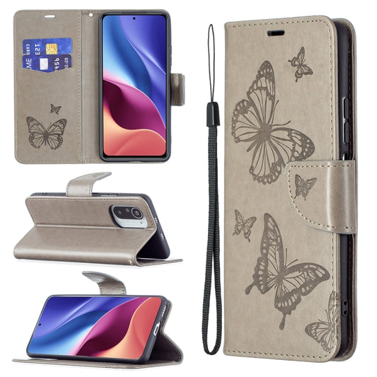 For Xiaomi Mi 11i / Poco F3 / Redmi K40 Two Butterflies Embossing Pattern Horizontal Flip Leather Case with Holder & Card Slot & Wallet & Lanyard(Gray) - Xiaomi Cases by buy2fix | Online Shopping UK | buy2fix